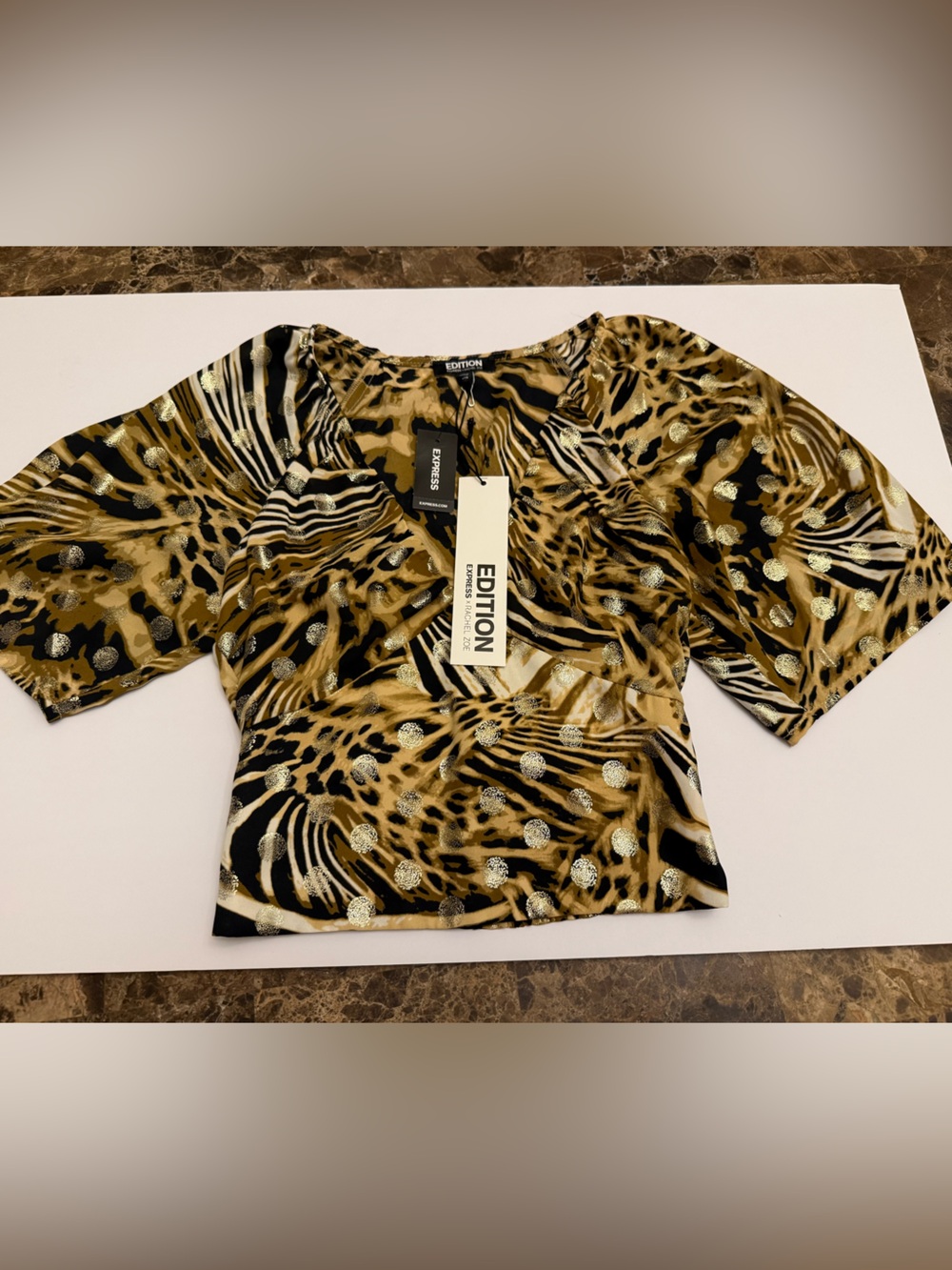 Express Gold and Black Animal Print Wrap Blouse